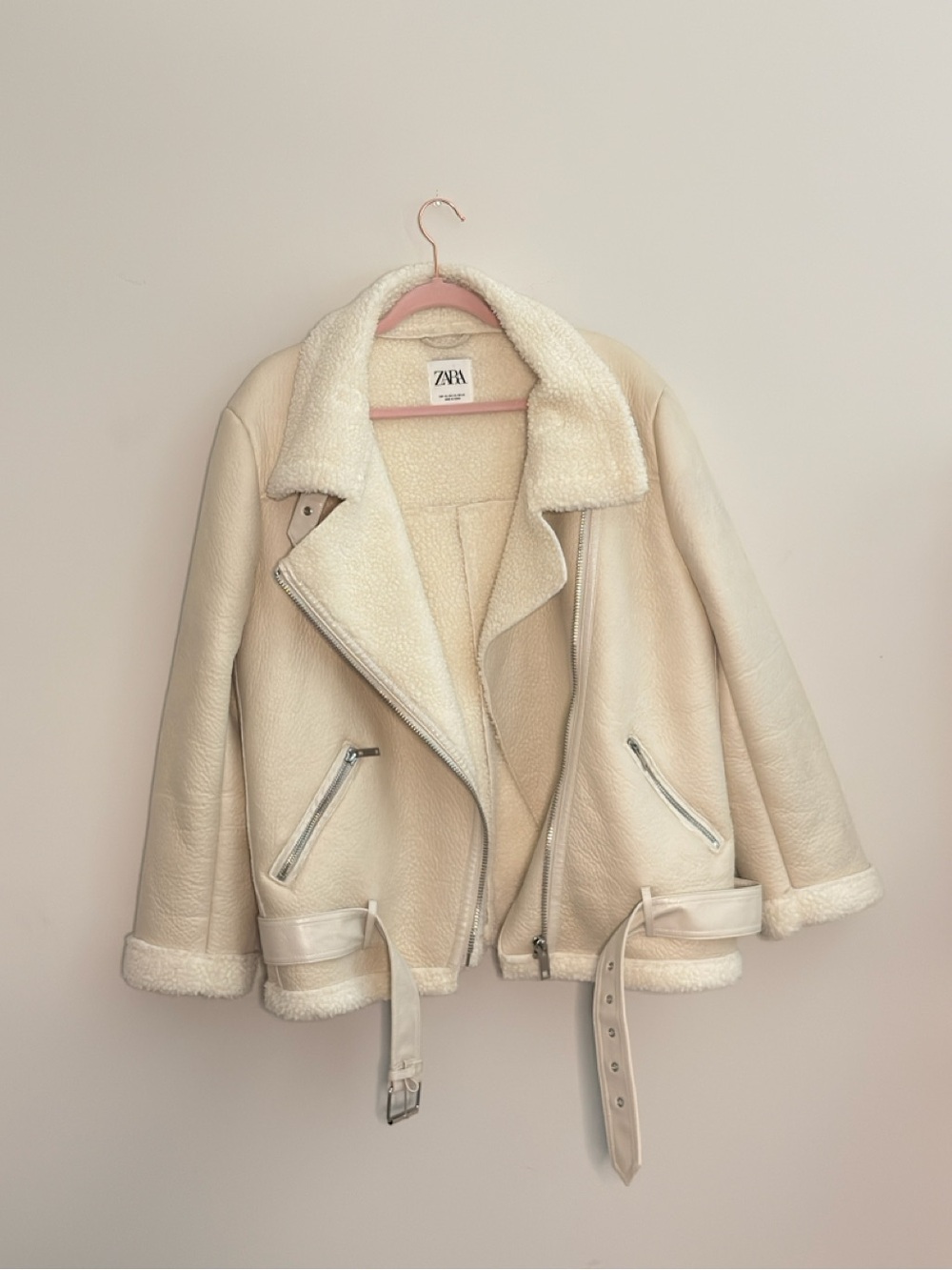ZARA Cream Shearling Moto Jacket with Belt